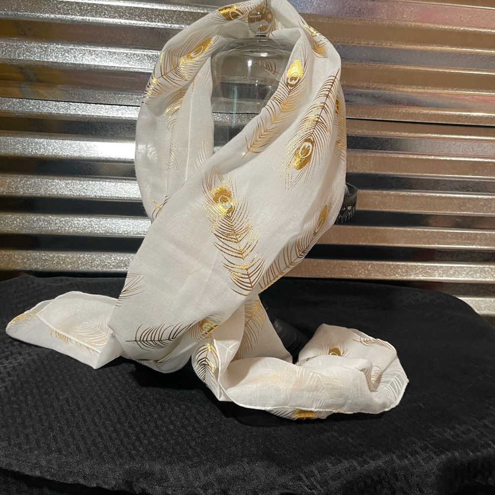 Scarf - White with Metallic Gold Peacock Feather Pattern